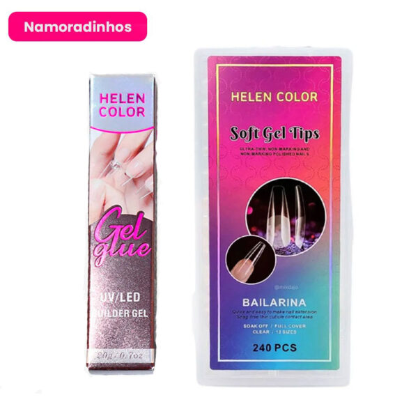 Kit Cola em Gel Helen Color 20g  + Postiça Soft Gel Bailarina Transparente Base Fosca Namoradinhos