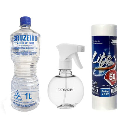 Kit Álcool Liquido + Pano Multiuso + Pulverizador Bolinha