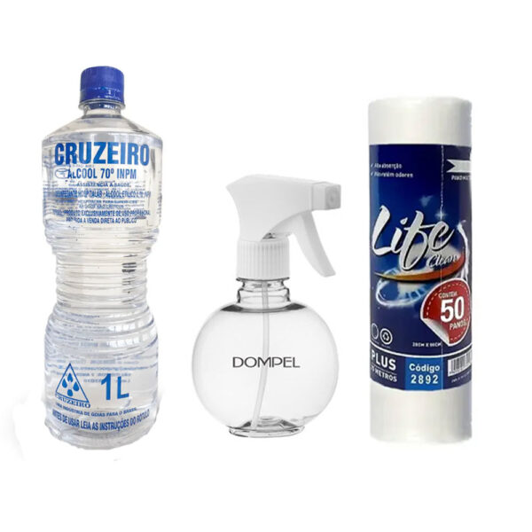 Kit Álcool Liquido + Pano Multiuso + Pulverizador Bolinha