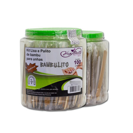 Pote de kit lixa e palito Bambulito com 100 unidades