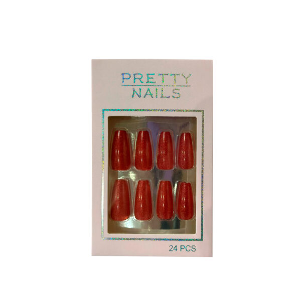 Unha Postiça Olho de Gato Pretty Nails Vermelho Claro Glitter 24 Unidades