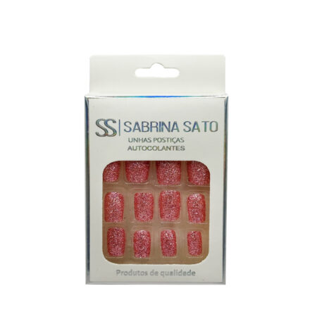 Unha Postiça Rosa Glitter Quadrado Sabrina Sato 12 unidades