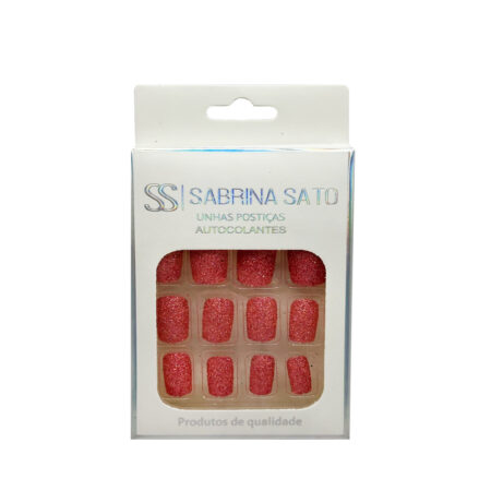 Unha Postiça Vermelho Brilhante Glitter Quadrado Sabrina Sato 12 unidades