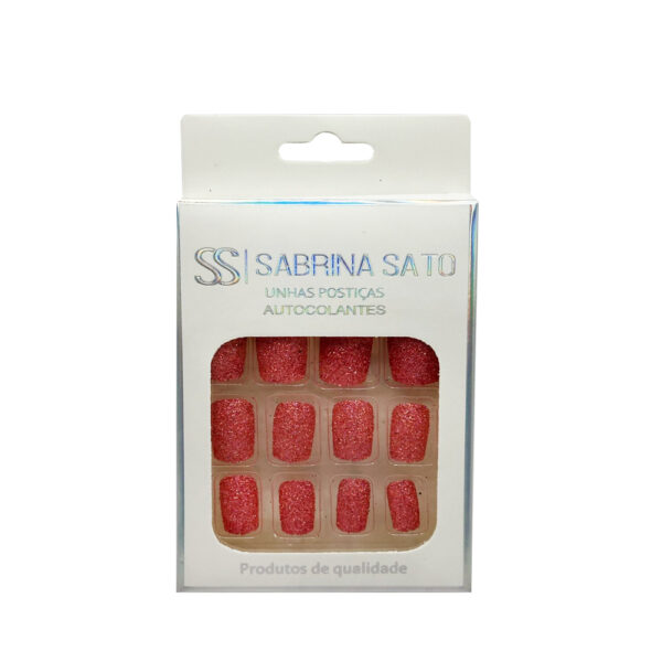 Unha Postiça Vermelho Brilhante Glitter Quadrado Sabrina Sato 12 unidades
