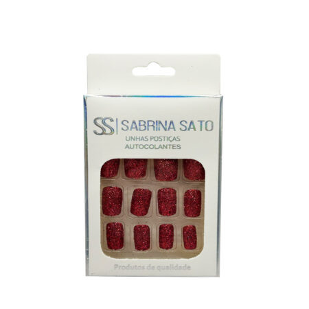 Unha Postiça Vermelho Sangria Glitter Quadrado Sabrina Sato 12 unidades