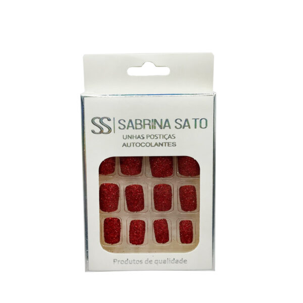 Unha Postiça Vermelho Glitter Quadrado Sabrina Sato 12 unidades