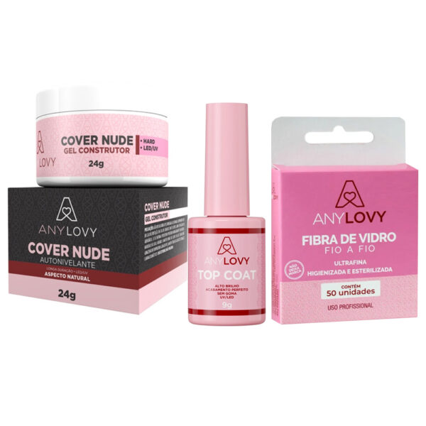 Kit Top Coat AnyLovy + Gel AnyLovy Cover Nude + Fibra de Vidro AnyLovy