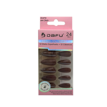 Unha Postiça Almond Marrom Dafu 24 unidades