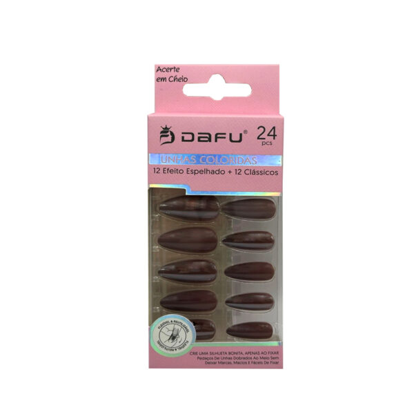 Unha Postiça Almond Marrom Dafu 24 unidades