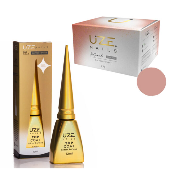 Kit Gel Uze Nails Nude Pink 25g + Top Coat Glitter Fofíneo Uze Nails 12ml