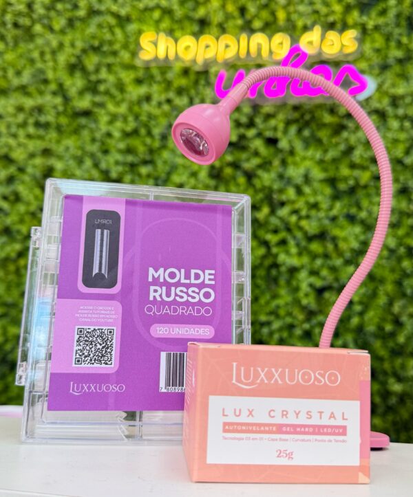 Kit Gel Luxxuoso Lux Crystal  + Molde Russo Quadrado + Mini Cabine Led Uv Rosa - Imagem 2