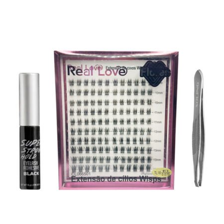 Kit Pinça de Sobrancelha Reta Soling + Cola de Cílios Ienvy Preta + Cilios Tufo Flores Real Love