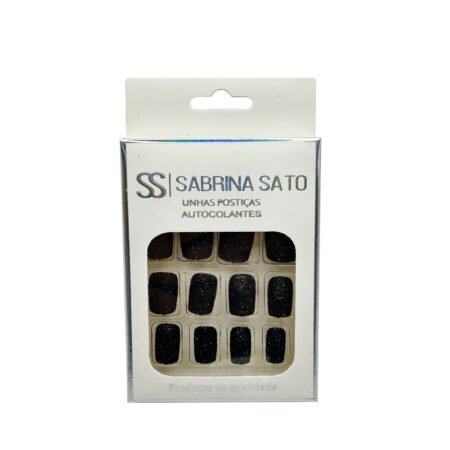 Unha Postiça Preto Glitter Quadrado Sabrina Sato 12 unidades