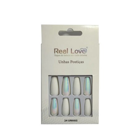 Unha Postiça Branco Cromada Bailarina Real Love 24 Unidades